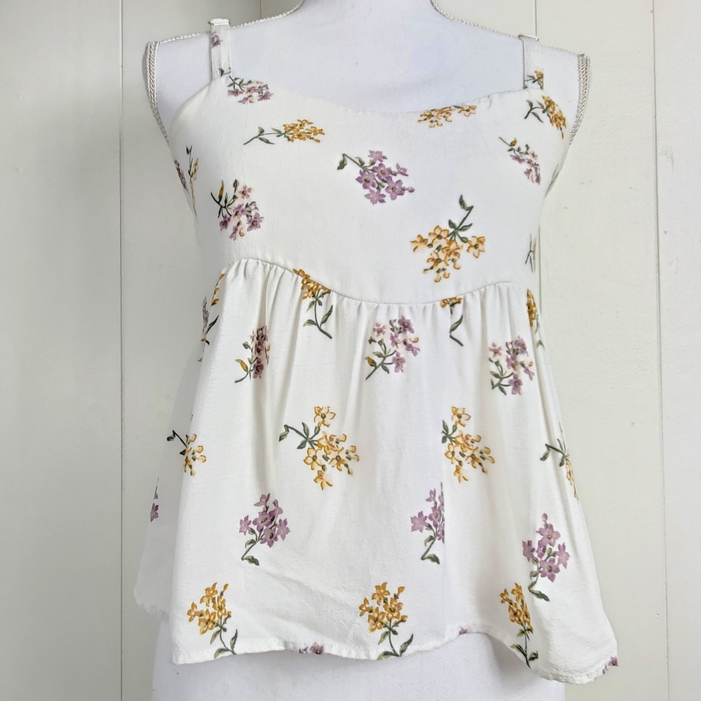 Hollister White Floral Tank Top with Yellow and Lavender Flowers